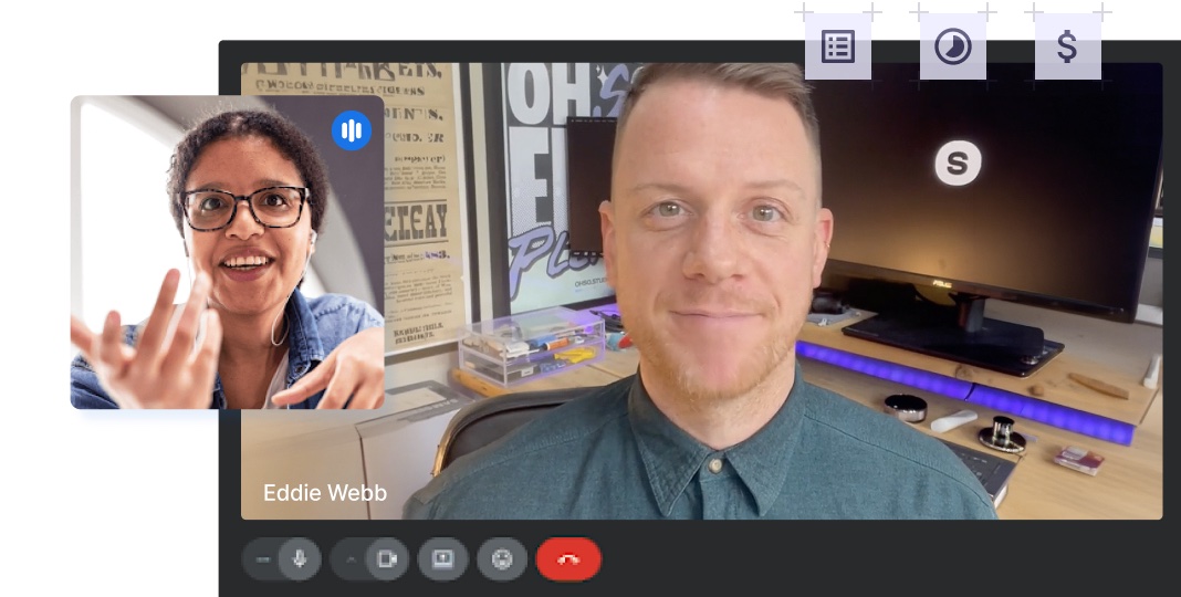 Video call between Eddie Webb and a client, with feature highlights for scope, turnaround time, and pricing