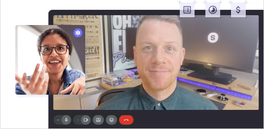 Video call between Eddie Webb and a client, with feature highlights for scope, turnaround time, and pricing